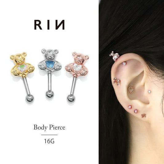 s17-001 軟骨ピアス かわいい 16G くま テディベア アンテナヘリックス ジルコニア ボディピアス ストレートバーベル 片耳用 軟骨1548