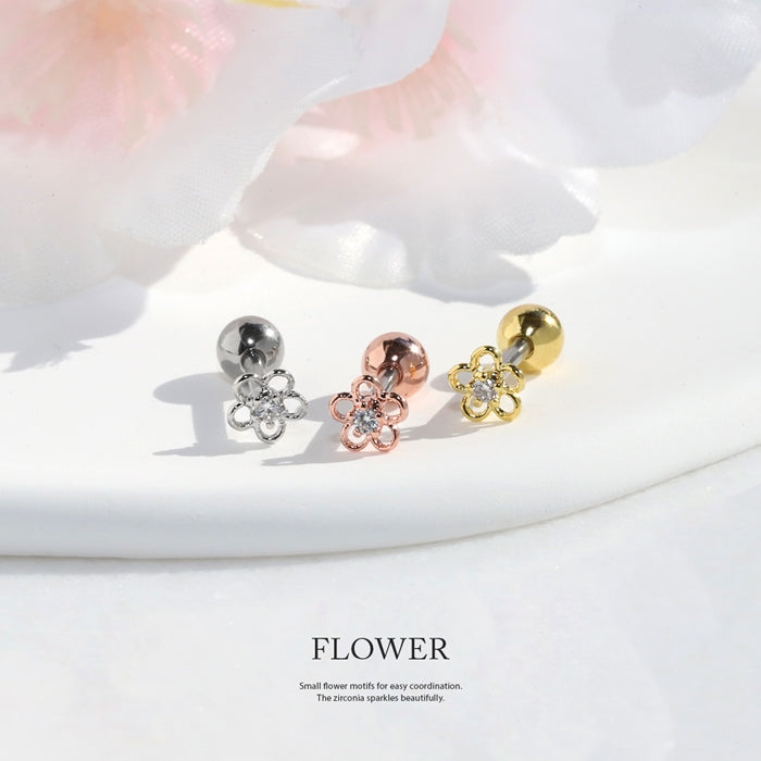 d-034 ボディピアス 軟骨ピアス 16G ピアス 金属アレルギー サージカルステンレス 花 フラワー つけっぱなし ストレートバーベルレディース フラワー シルバー ゴールド ピンクゴールド シンプル アクリル キラキラ ヘリックス キュービックジルコニア 片耳用