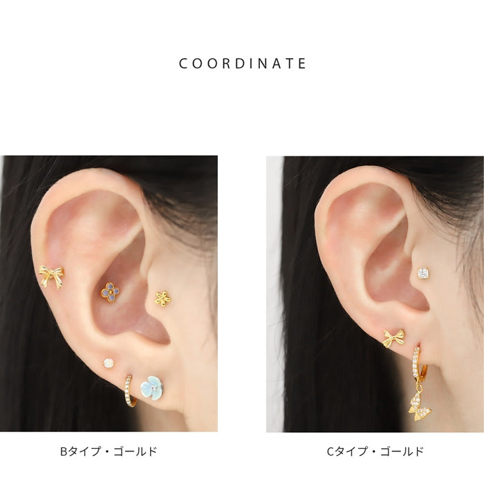 ★d-035 ボディピアス 軟骨ピアス 16G リボン 金属アレルギー 金属アレルギー対応 ストレートバーベル サージカルステンレス つけっぱなし シルバー ピンクゴールド アンテナヘリックス トラガス ヘリックス かわいい 耳たぶ 片耳用