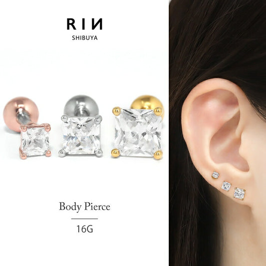 d-071 ボディピアス 16G 軟骨ピアス プリンセスカット サージカルステンレス 金属アレルギー対応 キュービックジルコニア つけっぱなし ストレートバーベル スクエア 立爪 上品 3mm 4mm 5mm プチプライス高見え 日常使い オフィスカジュアル 通勤 片耳用