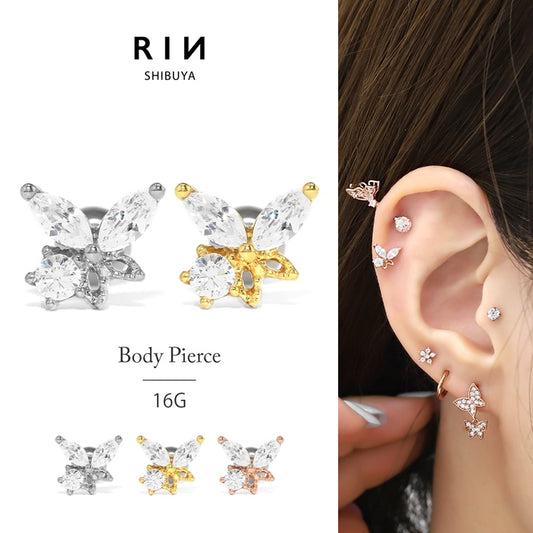★f1f-032 軟骨ピアス 16G ボディピアス かわいい キャッチ チャーム サージカルステンレス 金属アレルギー対応 蝶  蝶 バタフライ ジュエル おしゃれ キラキラ ストレートバーベル サージカルステンレス  セカンドピアス メンズ 軟骨 ピアス ボディーピアス