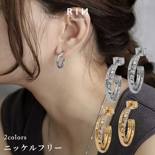 fp-011 ピアス フープピアス 金属アレルギー ニッケルフリー 18kコーティング レディース シルバー ゴールド おしゃれ かわいい ストーン キラキラ シンプル 上品 きれいめ 耳たぶ 落ちない hoopピアス 【両耳用・2個売り】