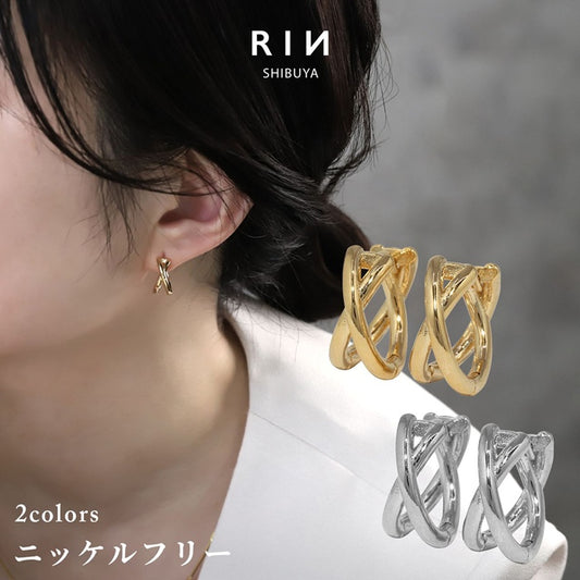 fp-018 ピアス キャッチレス フープピアス リングピアス 金属アレルギー ニッケルフリー 18kコーティング クロス 2連 レディース シンプル ワンタッチピアス シルバー ゴールド おしゃれ かわいい 上品 きれいめ 耳たぶ  【両耳用・2個売り】