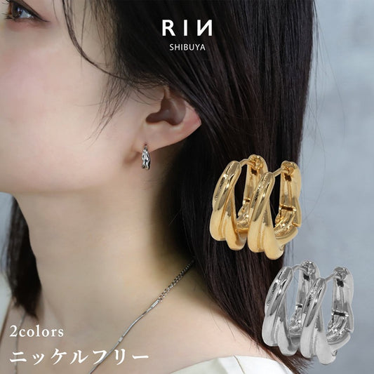fp-020 ピアス キャッチレス フープピアス リングピアス 金属アレルギー ニッケルフリー 18kコーティング 2連 クロス レディース シンプル ワンタッチピアス シルバー ゴールド おしゃれ かわいい 上品 きれいめ 耳たぶ 【両耳用・2個売り】