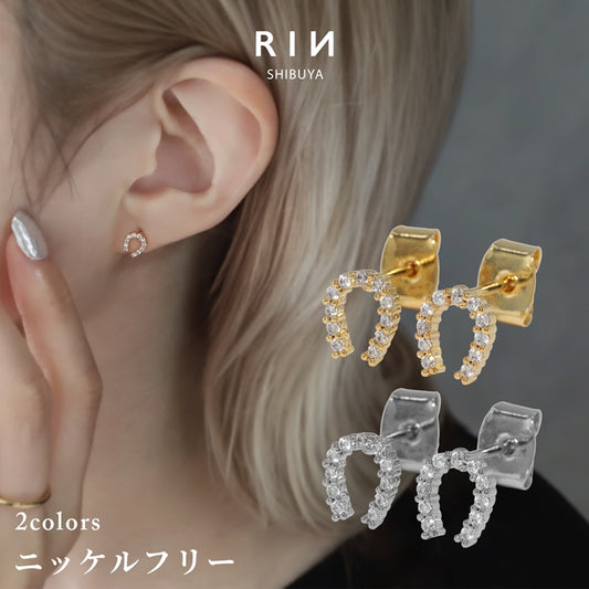 fp-045 ピアス 18k 18金 金属アレルギー ニッケルフリー 18kコーティング レディース リングピアス セカンドピアス シンプル シルバー ゴールド ホースシュー 馬蹄 ポストピアス キラキラ かわいい キュービックジルコニア ロジウムコーティング 上品 耳たぶ 【両耳用・2個売り】
