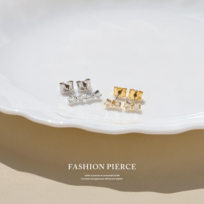 fp-128 ピアス 金属アレルギー リボン りぼん 18k 18金 つけっぱなし レディース シンプル シルバー ゴールド かわいい セカンドピアス 普段使い 金属アレルギー対応 チタンピアス  ジュエル キュービックジルコニア セット 【両耳用・2個売り】