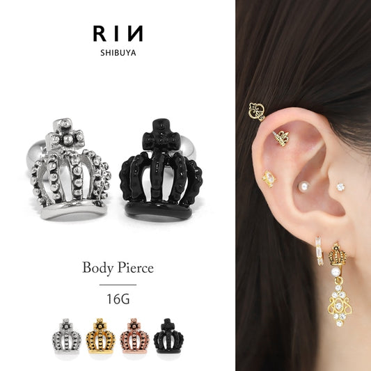 h1132-237 軟骨ピアス かわいい 16G ボディピアス 王冠 クラウン 王様 ゴールド ブラック 16ゲージ  ピアス メンズ ストレートバーベル サージカルステンレス 耳 軟骨