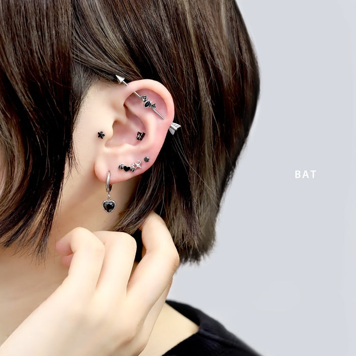 h1132-310 ボディピアス 軟骨ピアス インダストリアル用チャーム 18G 16G 14G 固定 シリコンリング付き シルバー コウモリ 星 メンズ レディース 片耳用 凛 RIN