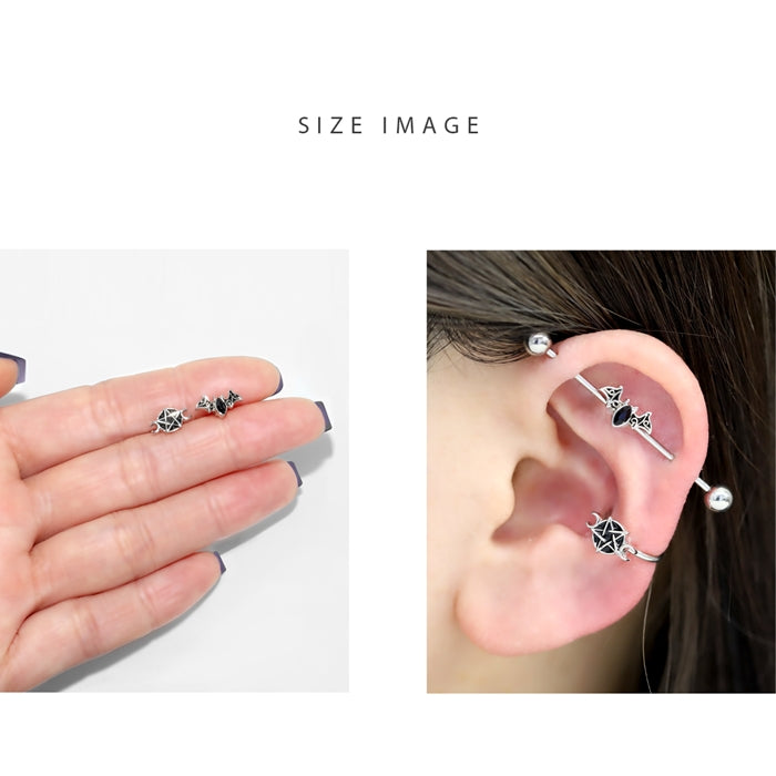 h1132-310 ボディピアス 軟骨ピアス インダストリアル用チャーム 18G 16G 14G 固定 シリコンリング付き シルバー コウモリ 星 メンズ レディース 片耳用 凛 RIN