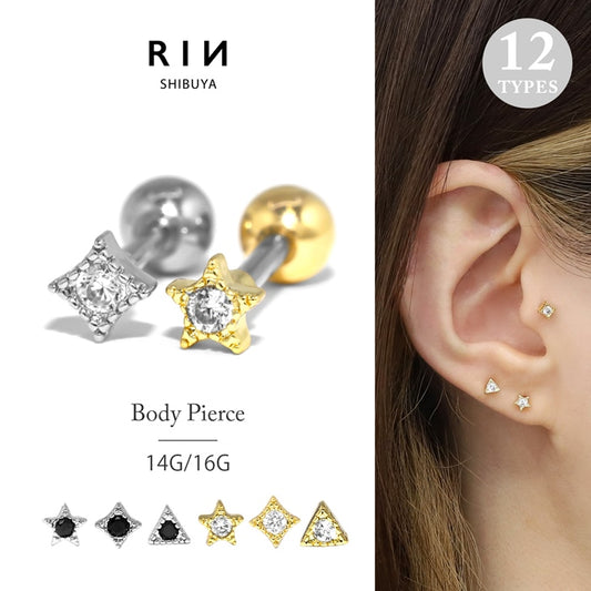 ★h3413-001  ボディピアス キャッチ 16G 14G チャーム 軟骨ピアス つけっぱなし サージカルステンレス 金属アレルギー対応 かわいい 軟骨 ピアス メンズ  ファーストピアス セカンドピアス スター ダイヤ トライアングル ストレートバーベル ボディーピアス 片耳用