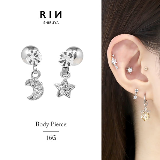 h752-44 軟骨ピアス 16G ボディピアス かわいい キャッチ チャーム サージカルステンレス 金属アレルギー対応 スター ムーン 星 月 ジュエル おしゃれ シンプル キラキラ ストレートバーベル 軟骨用 ファーストピアス セカンドピアス メンズ ボディーピアス