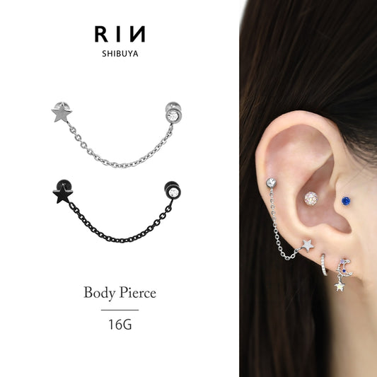j1181-58 軟骨ピアス 16G ボディピアス かわいい 星 スター ジュエル チェーン キャッチ チャーム サージカルステンレス 金属アレルギー対応 シルバー ブラック ストレートバーベル Wバーベル チェーンピアス おしゃれ メンズ アレンジ お出かけ 軟骨 ピアス 片耳用