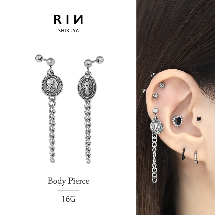 j612-6【全品送料無料】 ボディピアス 16G チャーム 軟骨ピアス サージカルステンレス 金属アレルギー対応 メダル コイン ロザリオ チェーン スタイリッシュ キラキラ かわいい かっこいい メンズ  セカンドピアス ボディーピアス 片耳用 軟骨 ピアス