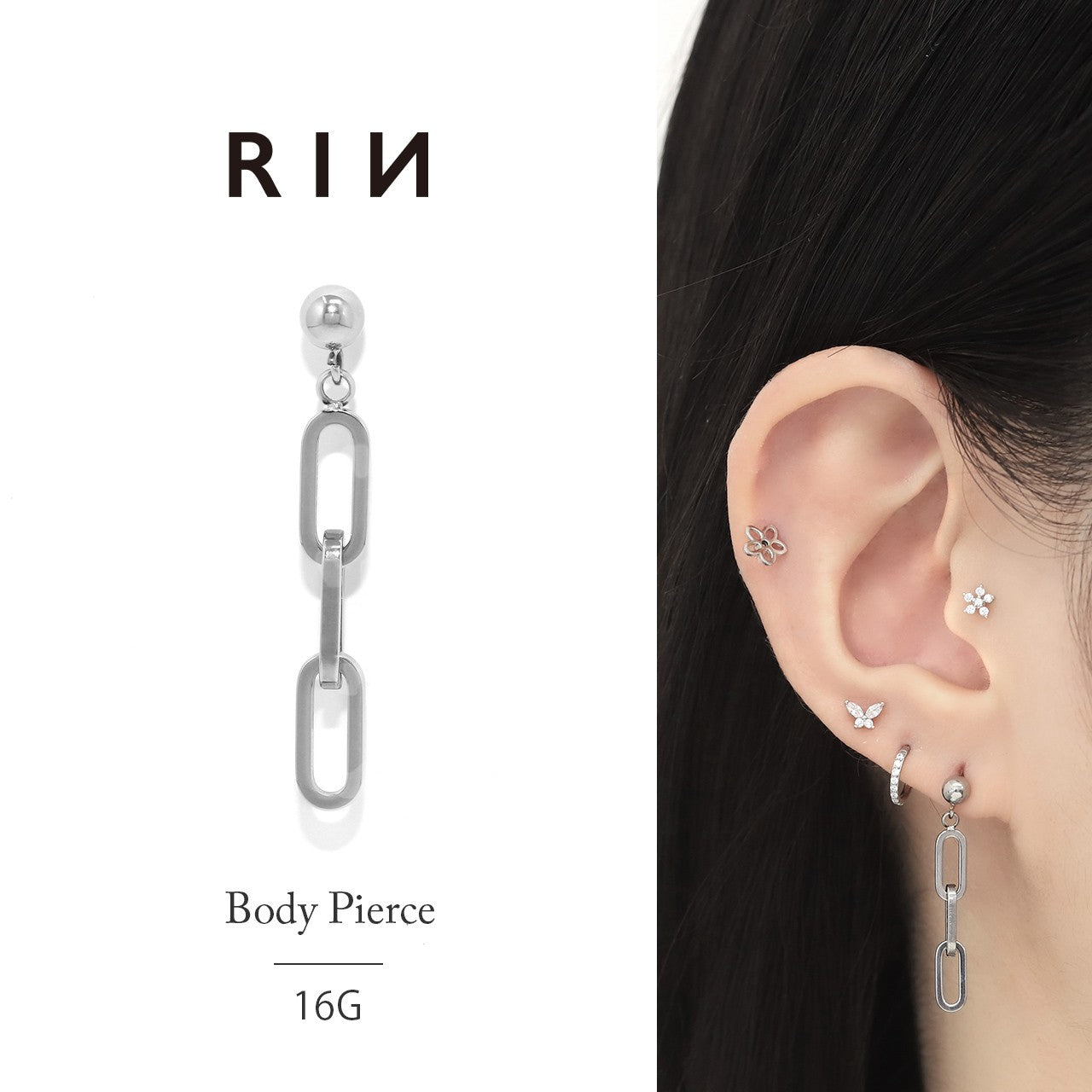 j612-7 軟骨ピアス 16G ボディピアス チェーン 鎖 クリップチェーン クール 金属アレルギー対応 揺れる ストレートバーベル 16ゲージ ピアス サージカルステンレス 片耳用