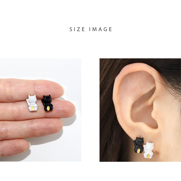 mmj-013 ピアス 金属アレルギー 金属アレルギー対応 つけっぱなし ステンレスピアス 招き猫 猫 サージカルステンレス セカンドピアス メンズ レディース シンプル スタッドピアス アクセサリー 普段使い 耳たぶ 白 黒 ブラック ホワイト 片耳用