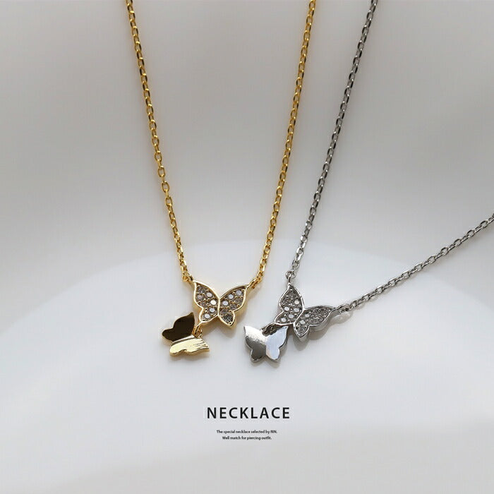 nec-109 ネックレス チェーン チェーンネックレス レディース アズキチェーン 金属アレルギー 蝶々 バタフライ ペンダント シルバー ゴールド 18k 39.5cm シンプル カニカン アクセサリー 普段使い キュービックジルコニア アジャスター アジャスター付き 凛