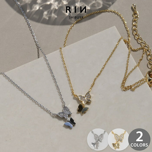 nec-109 ネックレス チェーン チェーンネックレス レディース アズキチェーン 金属アレルギー 蝶々 バタフライ ペンダント シルバー ゴールド 18k 39.5cm シンプル カニカン アクセサリー 普段使い キュービックジルコニア アジャスター アジャスター付き 凛