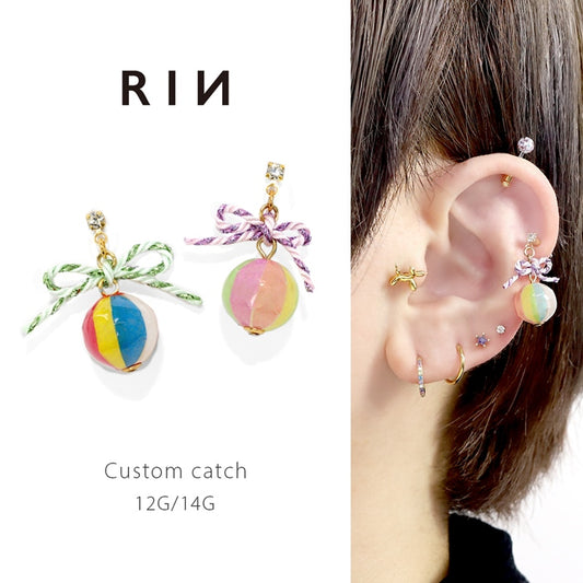 ori-107 キャッチ 軟骨ピアス 14G 12G つけっぱなし サージカルステンレス  かわいい チャーム 可愛い 揺れる 小さい ゴールド カスタマイズ リボン 夏祭り 和柄 ボディピアス ボディーピアス 片耳用 凛 RIN