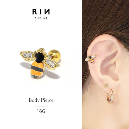 r1f-150-14 軟骨ピアス 16G ボディピアス かわいい キャッチ チャーム サージカルステンレス 金属アレルギー対応 蜂 はち ハニー 昆虫 動物 アニマル キラキラ おしゃれ ストレートバーベル ファーストピアス セカンドピアス メンズ 軟骨 ピアス ボディーピアス
