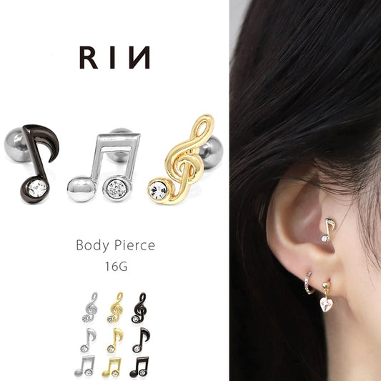 rin-015 軟骨ピアス 16G ボディピアス 音符 ト音記号 ジュエル キラキラ サージカルステンレス ストレートバーベル ピアス サージカルステンレス 片耳用