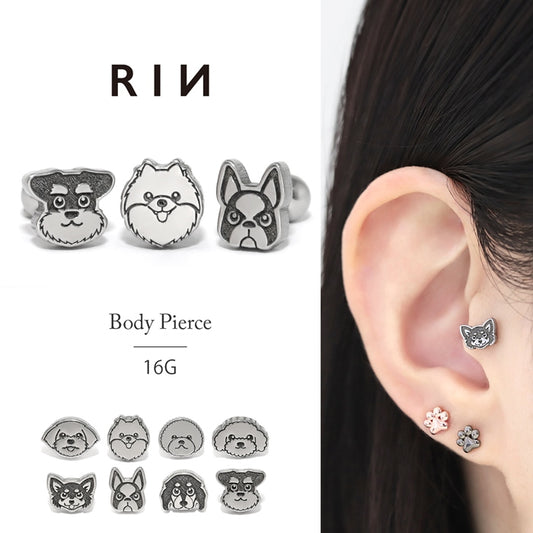 rin-017 軟骨ピアス 16G ボディピアス 犬 ドッグモチーフ 顔 かわいい オールサージカルステンレス アレルギー対応 ストレートバーベル ピアス 片耳用