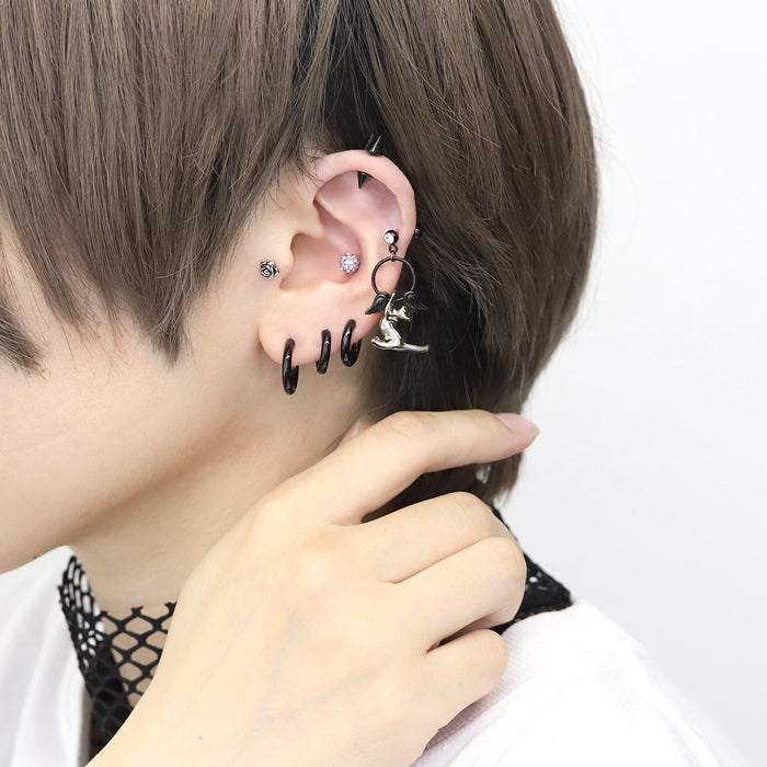 rin-set-001 ボディピアス 16G 軟骨ピアス ピアス 金属アレルギー つけっぱなし サージカルステンレス 猫 羽 翼 セカンドピアス ファーストピアス セット かわいい ヘリックス トラガス シルバー ブラック セグメントリング 大人 上品 耳たぶ 片耳用