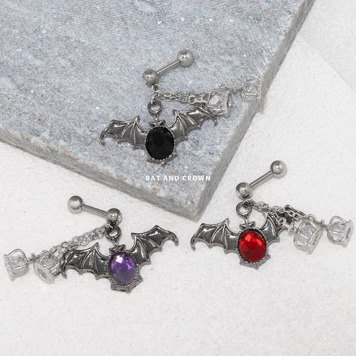 rin-set-008 ボディピアス 軟骨ピアス 16G 金属アレルギー 金属アレルギー対応 つけっぱなし ステンレス チャーム ピアス 王冠 クラウン コウモリ 翼 羽 カスタマイズ カスタム かわいい シルバー 耳たぶ オリジナル セット 片耳用