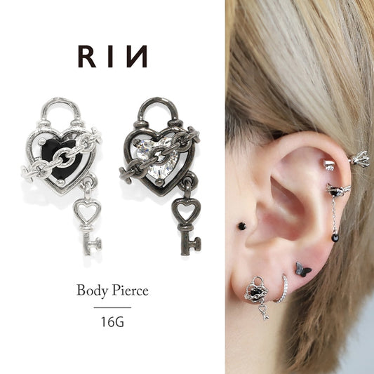 s17-002 軟骨ピアス 16G ボディピアス 南京錠 鍵 チェーン ロック ストレートバーベル ピアス サージカルステンレス 片耳用
