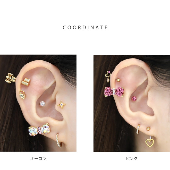s2f-33-11-gd【全品送料無料】 軟骨ピアス 14G 16G ボディピアス かわいい キャッチ チャーム サージカルステンレス 金属アレルギー対応 リボン りぼん キラキラ おしゃれ ストレートバーベル アウターコンク ファーストピアス セカンドピアス メンズ 軟骨 ピアス ボディーピアス