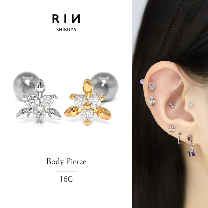 t9192-048 軟骨ピアス 16G ボディピアス かわいい サージカルステンレス 金属アレルギー対応 ジュエル キラキラ おしゃれ 六花 六芒星 雪華 結晶 キュービックジルコニア  トリニティ ストレートバーベル ファーストピアス セカンドピアス キャッチ 片耳用