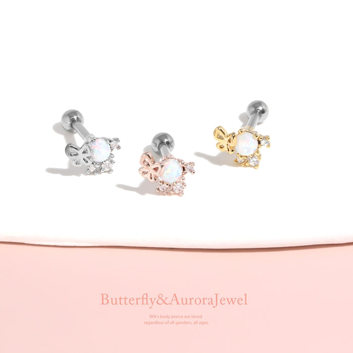 t9192-054 軟骨ピアス 16G ボディピアス かわいい キャッチ チャーム サージカルステンレス 金属アレルギー対応 蝶 蝶々 バタフライ ジュエル オーロラ おしゃれ キラキラ ストレートバーベル 片耳用