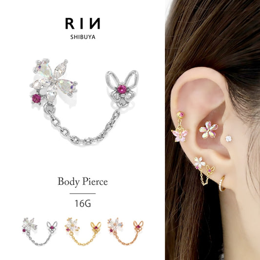 t9192-59 軟骨ピアス 16G ボディピアス かわいい 金属アレルギー対応 桜 サクラ さくら 花 フラワー 蝶 バタフライ ジュエル チェーン ストレートバーベル キャッチ チャーム サージカルステンレス 片耳用 ファーストピアス セカンドピアス