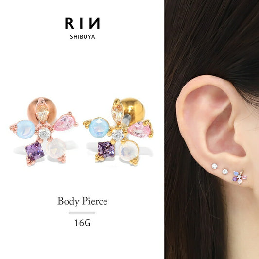 t9972-009 軟骨ピアス 金属アレルギー対応 16G ボディピアス ジュエルフラワー サージカルステンレス ピアス カラフル いろいろ キュービックジルコニア きらきら レディース 華やか ビジュー お花 キュート デート お出かけ デイリー ストレートバーベル 片耳用