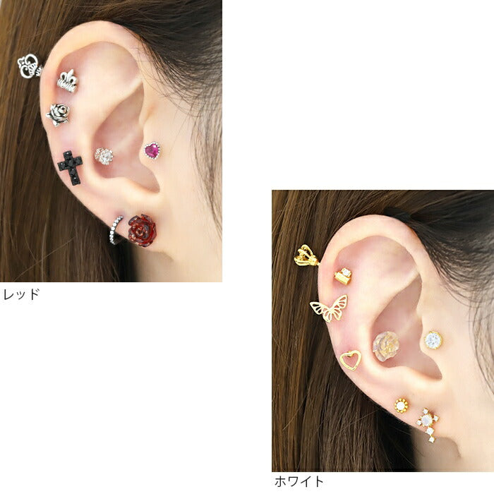 ボディピアス 軟骨ピアス 16G ピアス 金属アレルギー サージカルステンレス 花 バラ 薔薇 つけっぱなし レディース 大人 付けっぱなしピアス フラワー シルバー ホワイト ピンク レッド オレンジ グリーン シンプル アクリル ラメ キラキラ ヘリックス 片耳用 軟骨