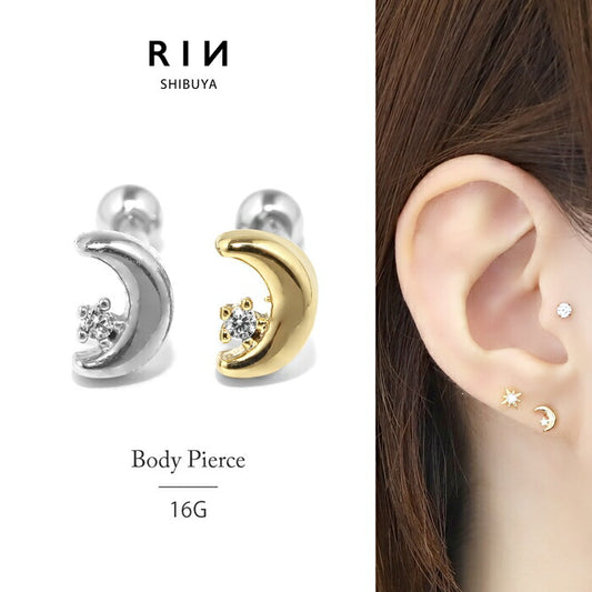 d-032 ボディピアス 軟骨ピアス 16G 月 ムーン サージカルステンレス 金属アレルギー対応 金属アレルギー つけっぱなし ステンレス シルバー ゴールド レディース メンズ ヘリックス ヘリックスピアス キュービックジルコニア 片耳用