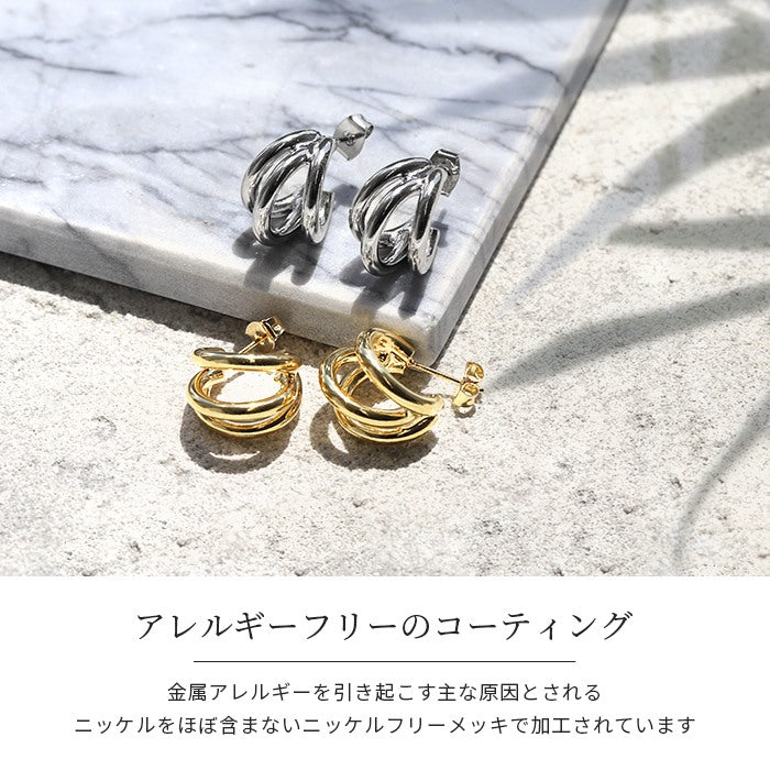 ピアス フープピアス 金属アレルギー ニッケルフリー 18kコーティング 3連 レディース キャッチ おしゃれ かわいい 大人 上品 シンプル 通勤 きれいめ オフィス シルバー ゴールド 【両耳用・2個売り】
