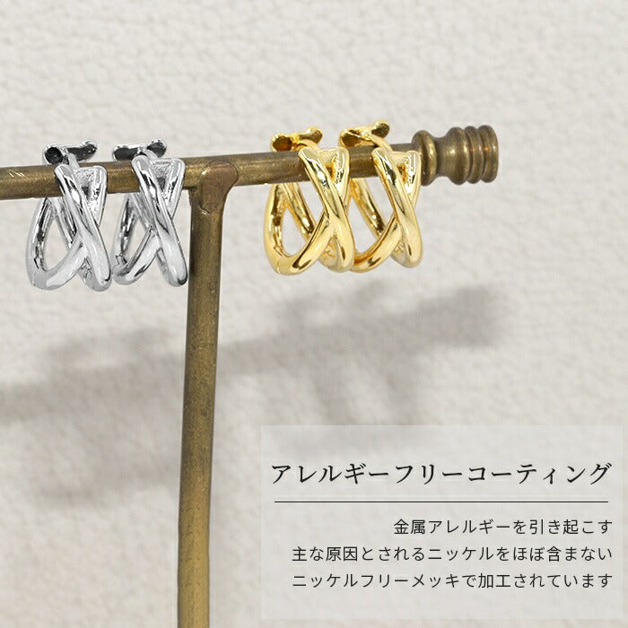 fp-018 ピアス キャッチレス フープピアス リングピアス 金属アレルギー ニッケルフリー 18kコーティング クロス 2連 レディース シンプル ワンタッチピアス シルバー ゴールド おしゃれ かわいい 上品 きれいめ 耳たぶ  【両耳用・2個売り】