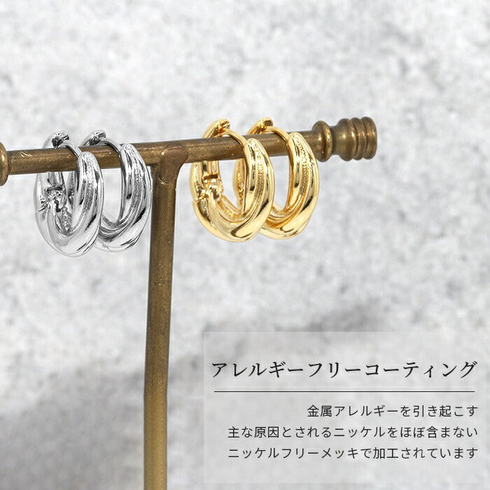 fp-020 ピアス キャッチレス フープピアス リングピアス 金属アレルギー ニッケルフリー 18kコーティング 2連 クロス レディース シンプル ワンタッチピアス シルバー ゴールド おしゃれ かわいい 上品 きれいめ 耳たぶ 【両耳用・2個売り】