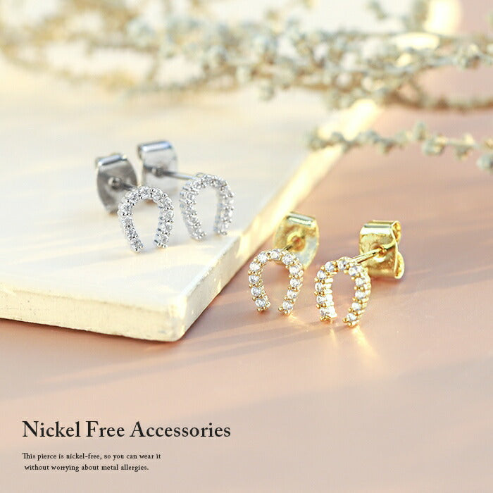 fp-045 ピアス 18k 18金 金属アレルギー ニッケルフリー 18kコーティング レディース リングピアス セカンドピアス シンプル シルバー ゴールド ホースシュー 馬蹄 ポストピアス キラキラ かわいい キュービックジルコニア ロジウムコーティング 上品 耳たぶ 【両耳用・2個売り】