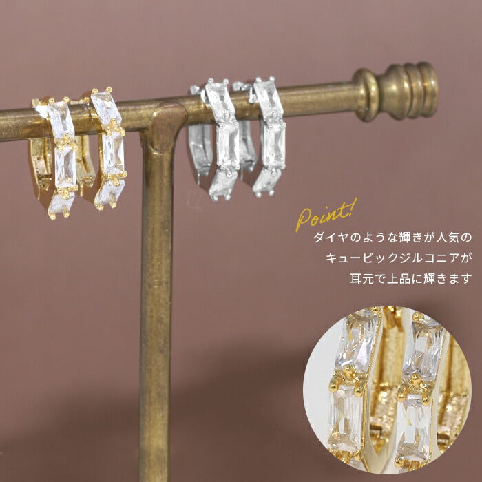 fp-046 ピアス 18k 18金 金属アレルギー フープ リング つっけぱなし キャッチレス ニッケルフリー 18kコーティング レディース セカンドピアス シンプル シルバー ゴールド キラキラ キュービックジルコニア ロジウムコーティング 上品 きれいめ 耳たぶ 【両耳用・2個売り】