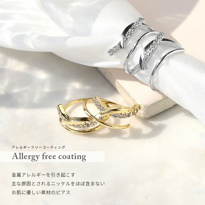 fp-062 ピアス 18k 18金 金属アレルギー フープ フック ニッケルフリー 18kコーティング レディース セカンドピアス キャッチレス  シンプル シルバー ゴールド キュービックジルコニア キラキラ 大人 上品 かわいい きれいめ 【両耳用・2個売り】