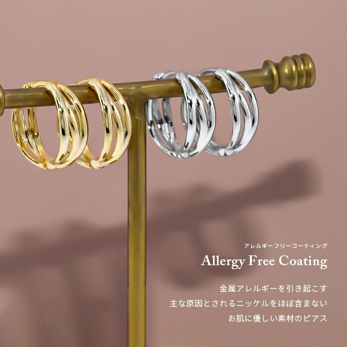 fp-067 ピアス 18k 18金 金属アレルギー 3連 クロス フープ リング つけっぱなし キャッチレス ワンタッチ ニッケルフリー セカンドピアス 18kコーティング レディース シンプル シルバー ゴールド 大人 上品 かわいい きれいめ 耳たぶ 【両耳用・2個売り】