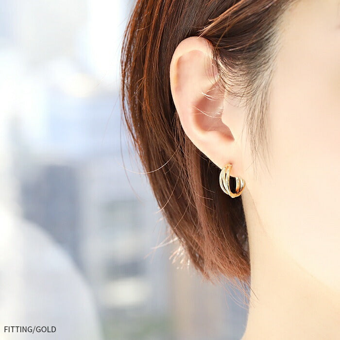 fp-067 ピアス 18k 18金 金属アレルギー 3連 クロス フープ リング つけっぱなし キャッチレス ワンタッチ ニッケルフリー セカンドピアス 18kコーティング レディース シンプル シルバー ゴールド 大人 上品 かわいい きれいめ 耳たぶ 【両耳用・2個売り】