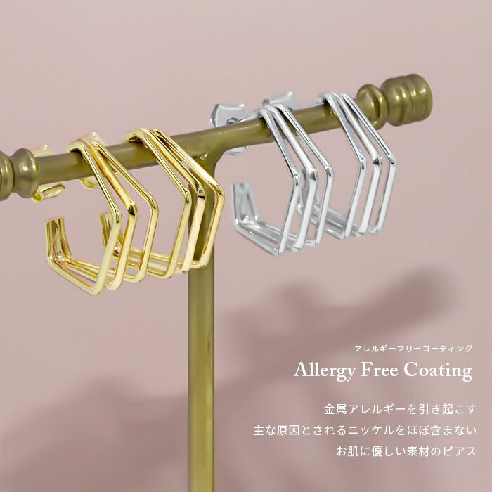 fp-069 ピアス 18k 18金 金属アレルギー フープ 五角形 角 ニッケルフリー 18kコーティング レディース セカンドピアス 角フープ シンプル シルバー ゴールド ロジウムコーティング 大人 上品 かわいい きれいめ 耳たぶ 【両耳用・2個売り】