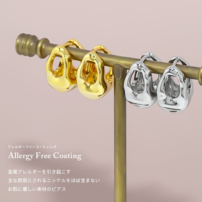 fp-072 ピアス 18k 18金 金属アレルギー フープ 楕円 つけっぱなし キャッチレス ワンタッチ ニッケルフリー 18kコーティング レディース セカンドピアス リング 変形 シンプル シルバー ゴールド 大人 上品 かわいい きれいめ 耳たぶ 【両耳用・2個売り】