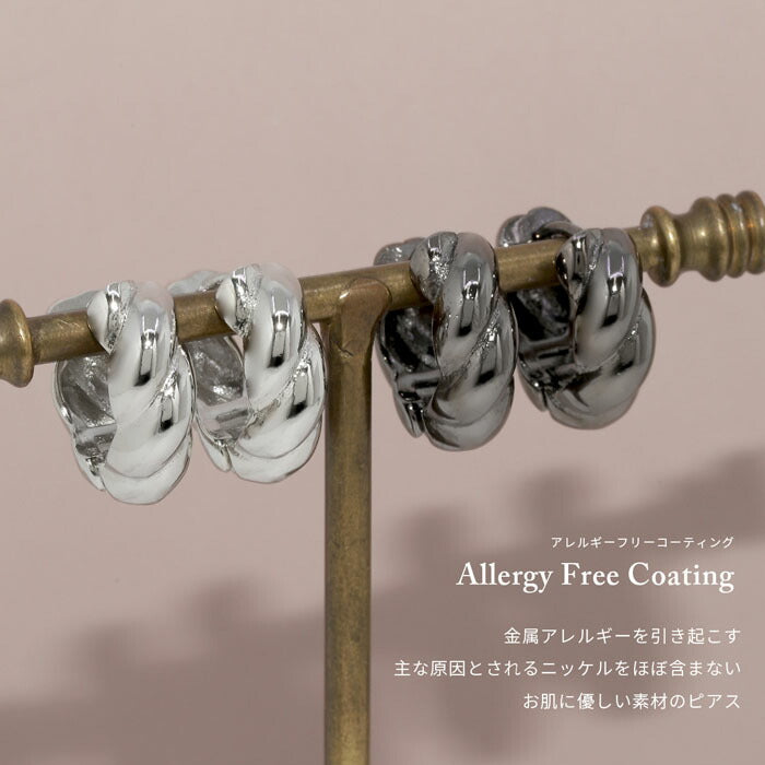 fp-105 ピアス レディース フープピアス 低アレルギー リングピアス キャッチレス ツイストリング ツイスト ねじれ シルバー メタリックブラック ニッケルフリー ロジウムコーティング かわいい シンプル 耳たぶ 【両耳用・2個売り】