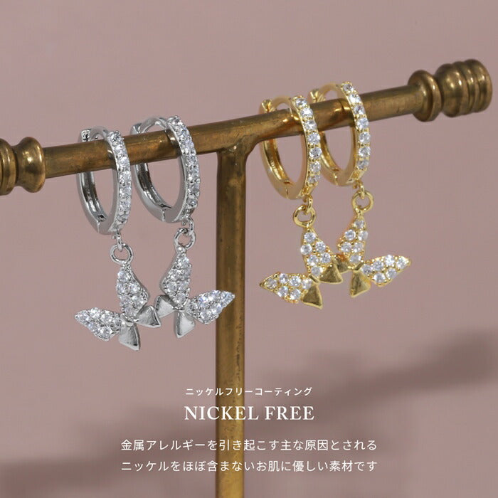 fp-109 ピアス キャッチレス 18k 18金 フープピアス 低アレルギー ニッケルフリー 蝶 バタフライ リングピアス 揺れる 小ぶり 小さめ 極小 レディース シンプル シルバー ゴールド キュービックジルコニア セカンドピアス 耳たぶ 【両耳用・2個売り】