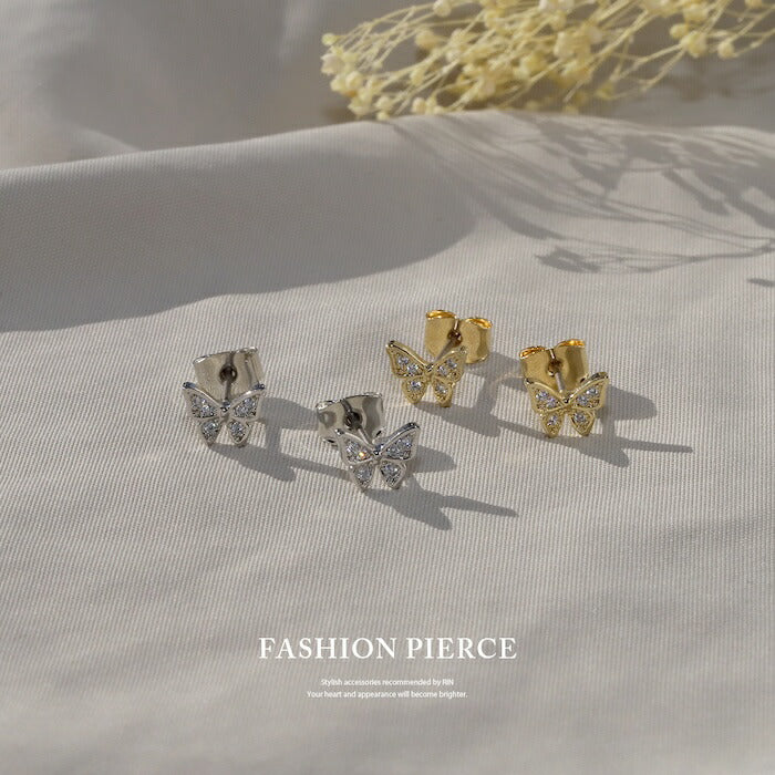 ★fp-123 ピアス 金属アレルギー 18k 18金 蝶 蝶々 つけっぱなし 18kコーティング レディース シンプル シルバー ゴールド おしゃれ かわいい キュービックジルコニア きれいめ かわいい 普段使い 耳たぶ ロジウムコーティング セット 【両耳用・2個売り】