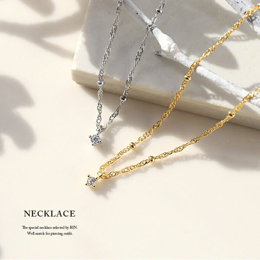 nec-15 ネックレス レディース チェーン シルバー ゴールド 金属アレルギー対応 ニッケルフリー ペンダント シンプル 18k 18金 k18 喜平 キヘイ 一粒 ジュエル キュービックジルコニア アジャスター カニカン 18kコーティング かわいい おしゃれ 細 上品 凛