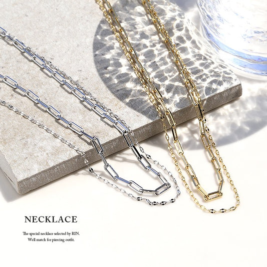 nec-29 ネックレス チェーン レディース シルバー ゴールド 2連 レイヤード マグネット シンプル 18k 18金 k18 あずきチェーン オーバルチェーン レオンチェーン 18kコーティング かわいい おしゃれ 大人 上品 楕円 長小豆 凛